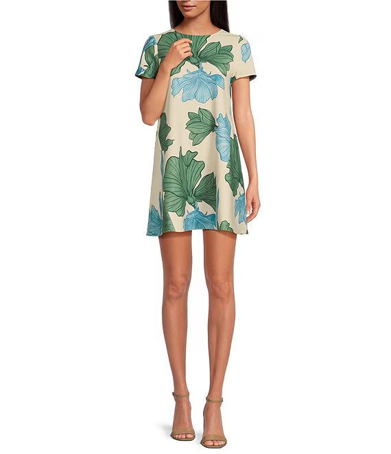 Convertible Floral Print Round Neck Short Sleeve A-Line Dress