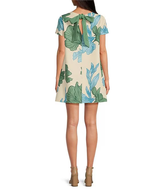 Convertible Floral Print Round Neck Short Sleeve A-Line Dress