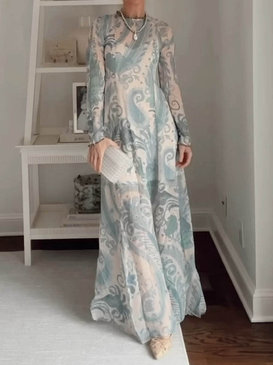 Beaded Rounded Neck Printed Maxi Dress