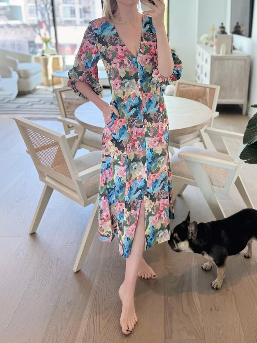 Floral Print V Neck Midi Dress