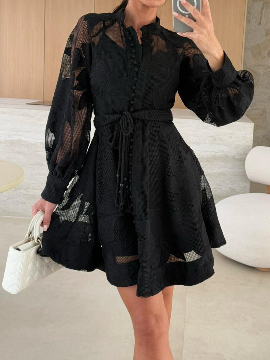 Embroidered Lace Tie Up Mini Dress