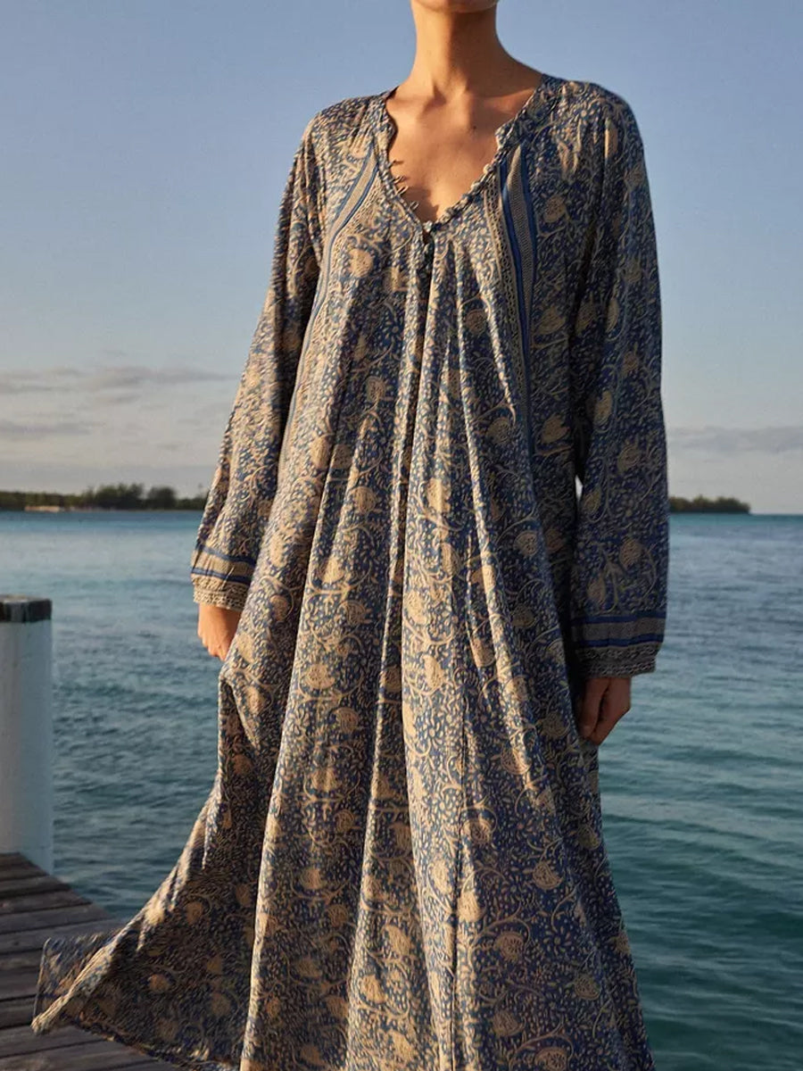 Deep V-neck With Covered Buttons Printed Dress