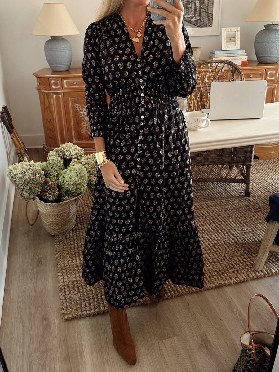 Printed V Neck Button Up Dress