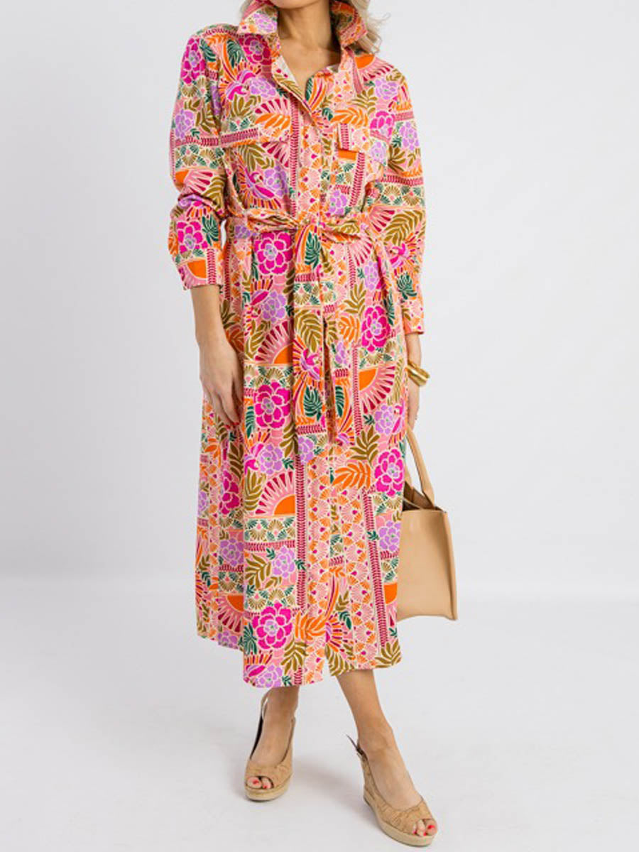 Floral Print Shirt Midi Dress