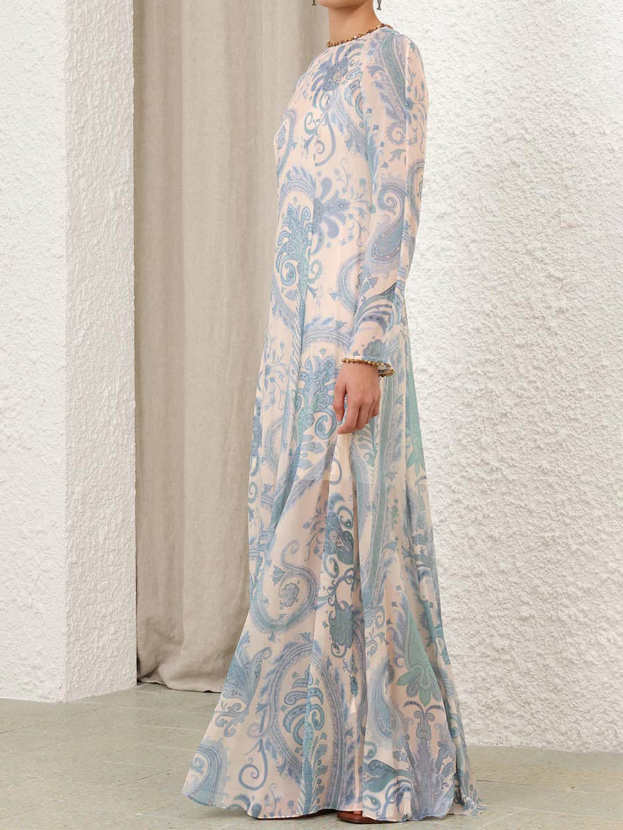 Beaded Rounded Neck Printed Maxi Dress