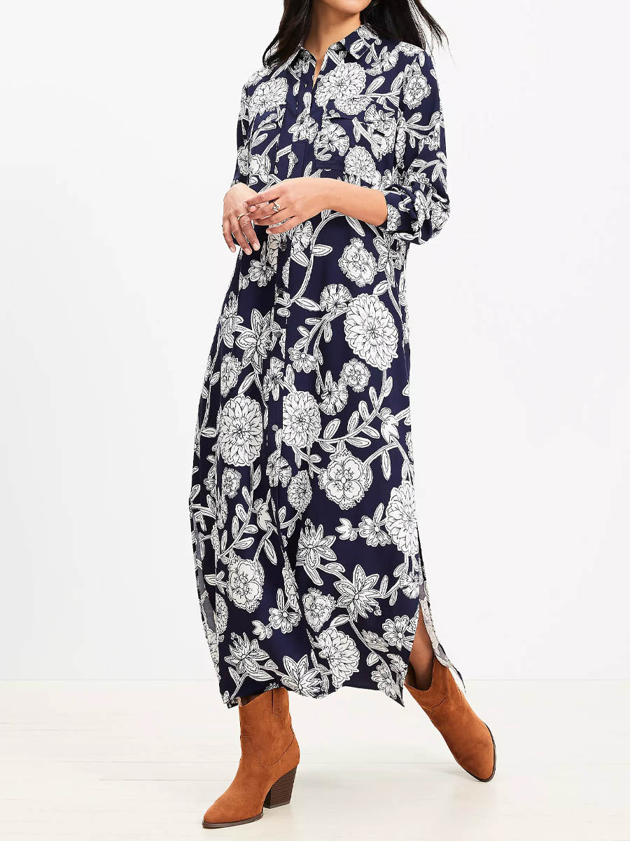 Floral Print Midi Pocket Shirtdress