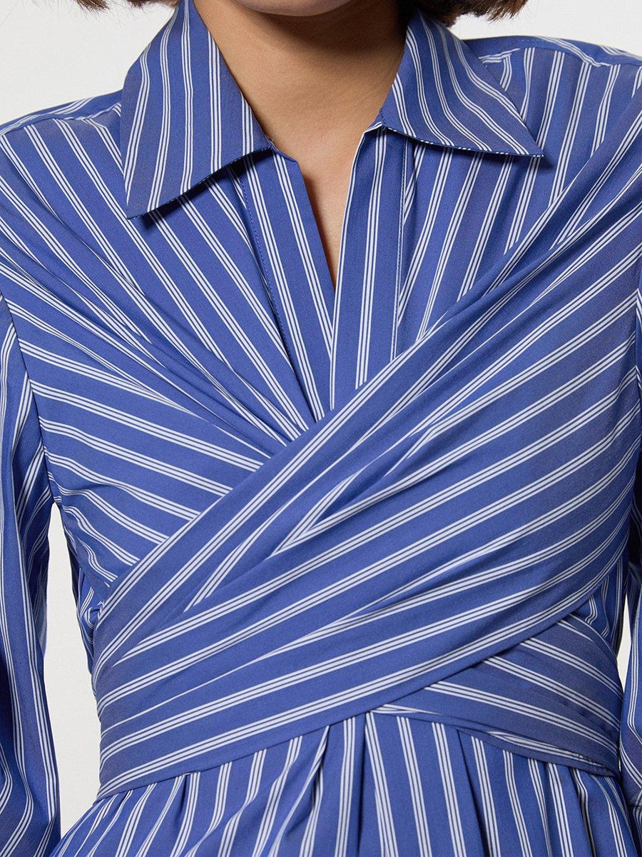 Stripe Long Balloon Sleeves Woven Wrap Detail Shirt Dress