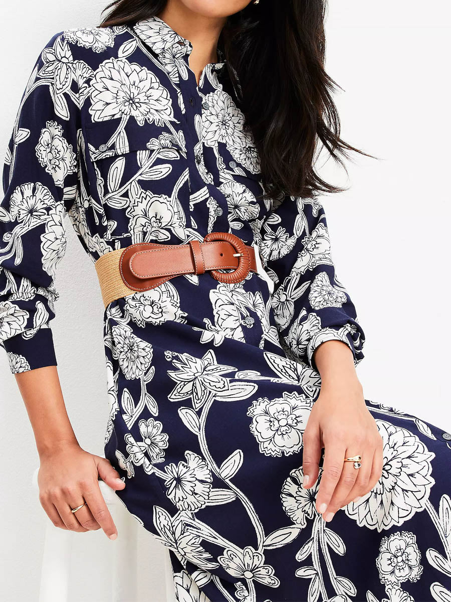 Floral Print Midi Pocket Shirtdress