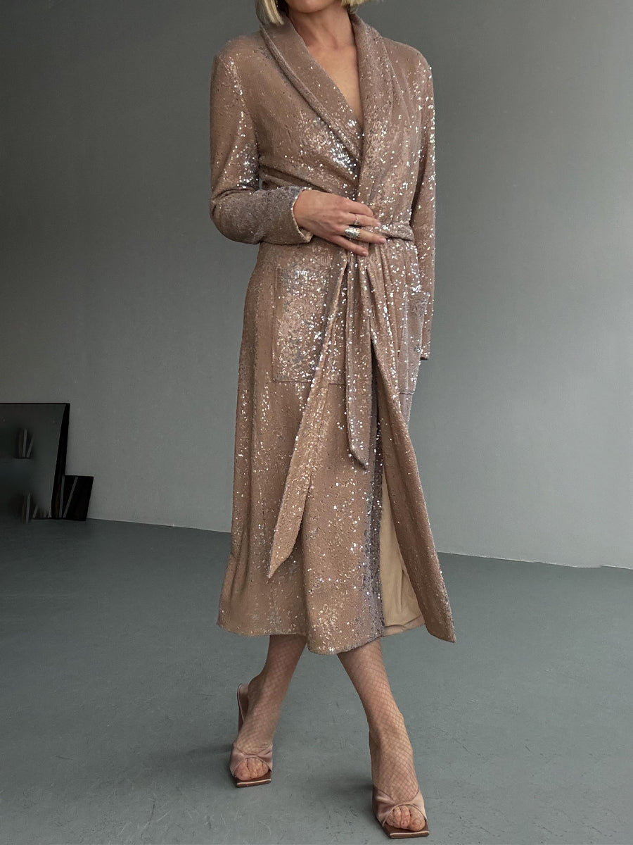 Lace Up Sequined Coat Dress