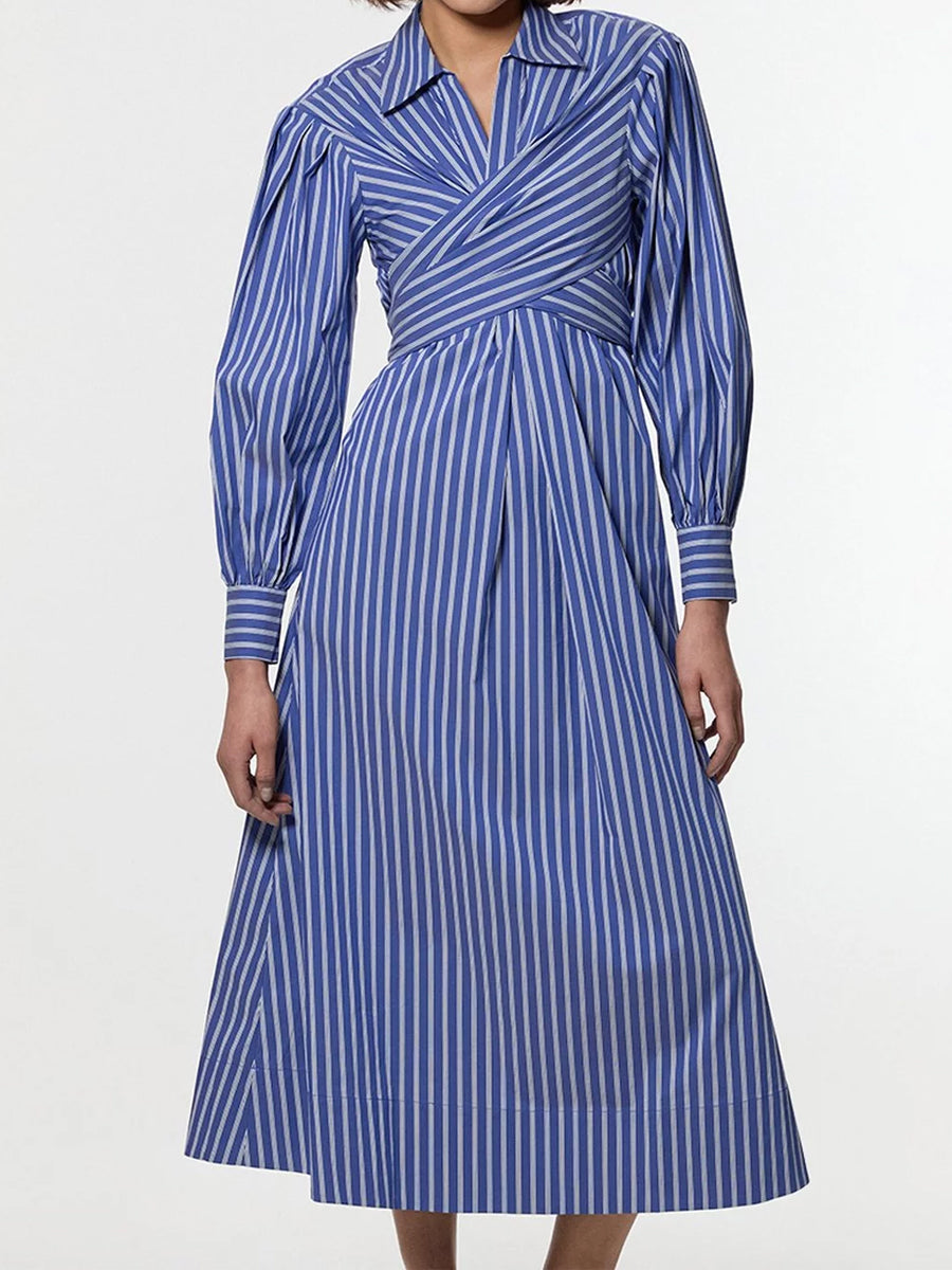 Stripe Long Balloon Sleeves Woven Wrap Detail Shirt Dress