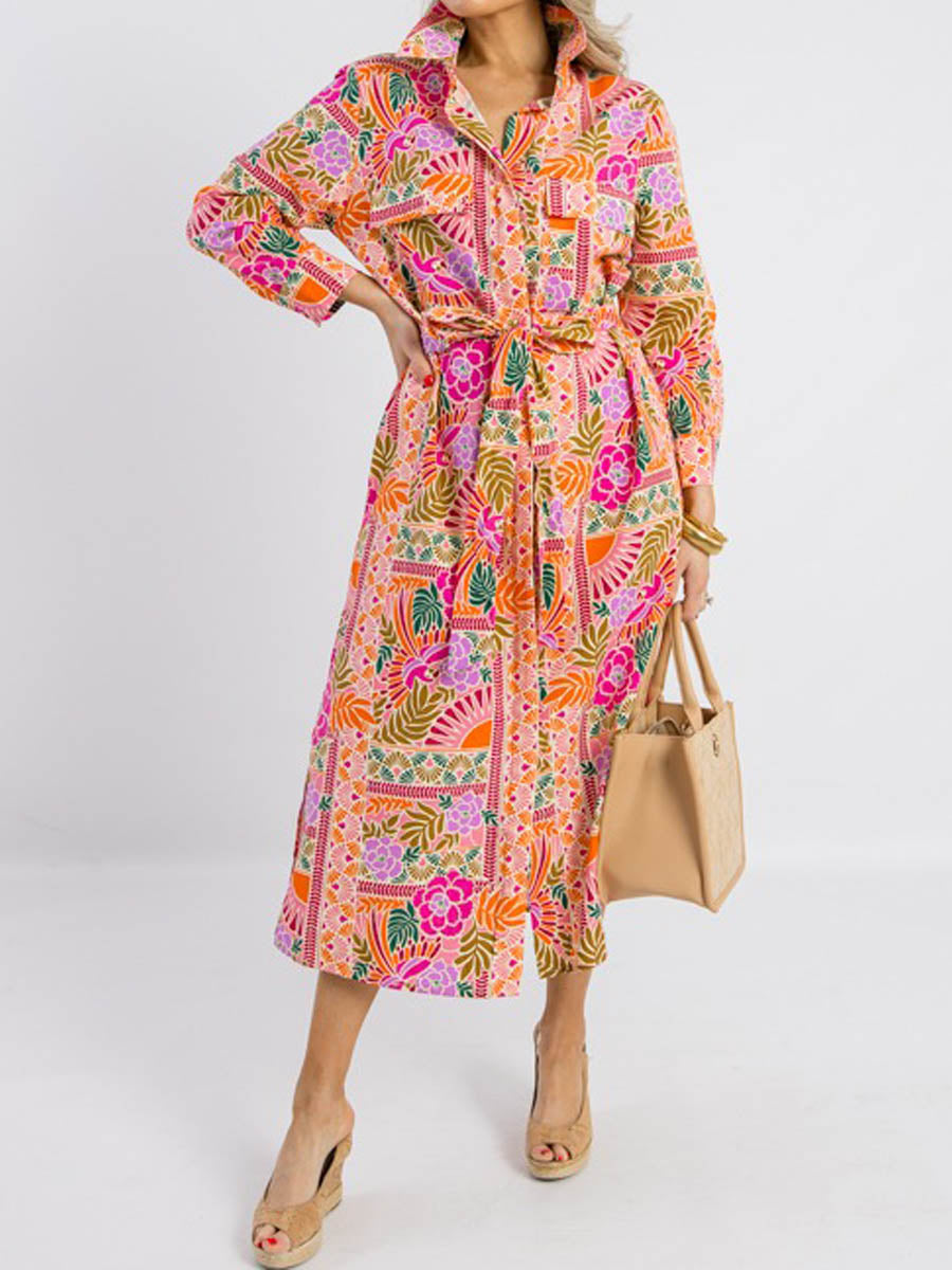 Floral Print Shirt Midi Dress