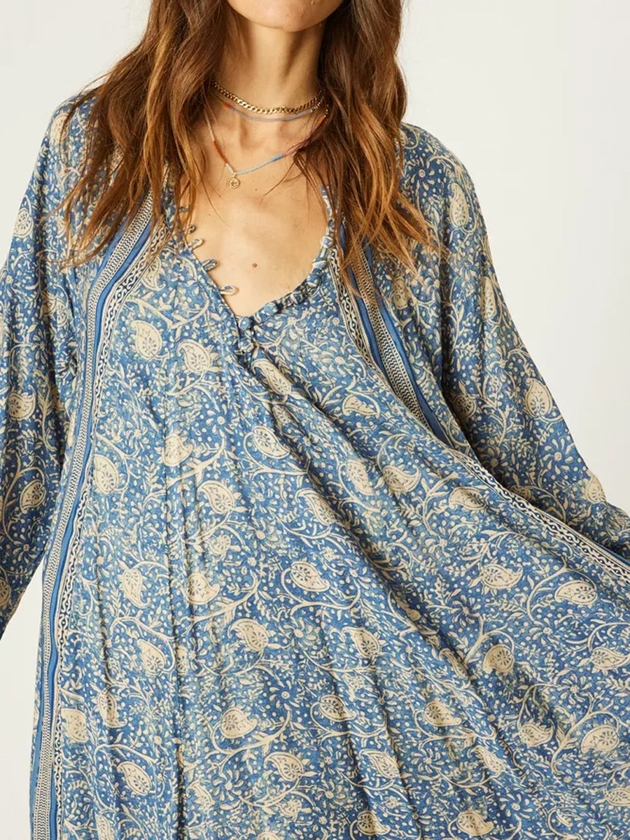 Deep V-neck With Covered Buttons Printed Dress