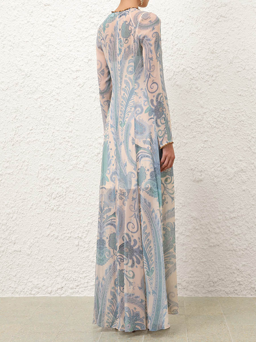 Beaded Rounded Neck Printed Maxi Dress