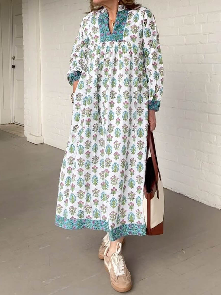 Printed V Neck Sleeve Cuffs Loose Dress