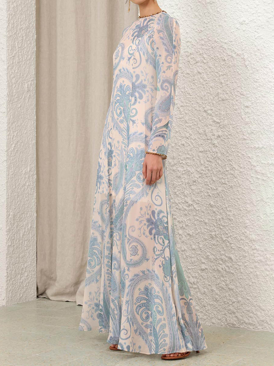 Beaded Rounded Neck Printed Maxi Dress