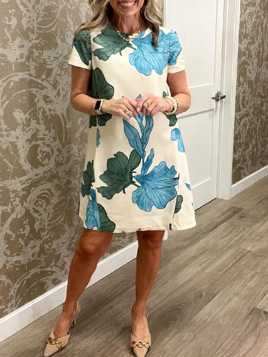 Convertible Floral Print Round Neck Short Sleeve A-Line Dress
