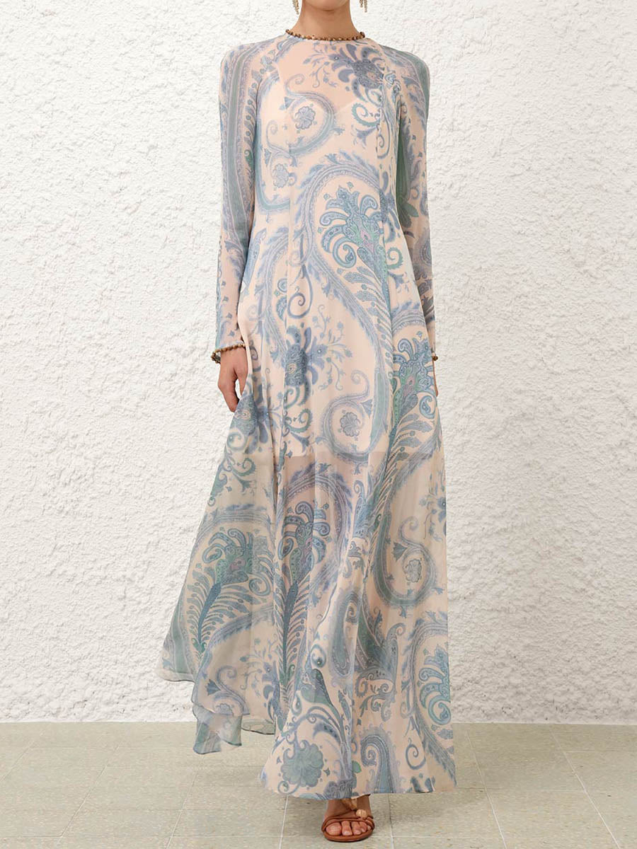 Beaded Rounded Neck Printed Maxi Dress