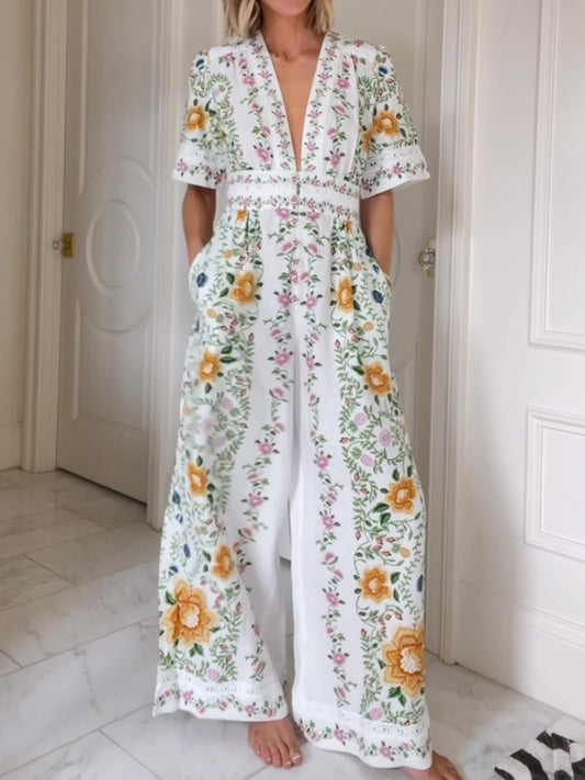 Deep V Neck Floral Print Jumpsuit