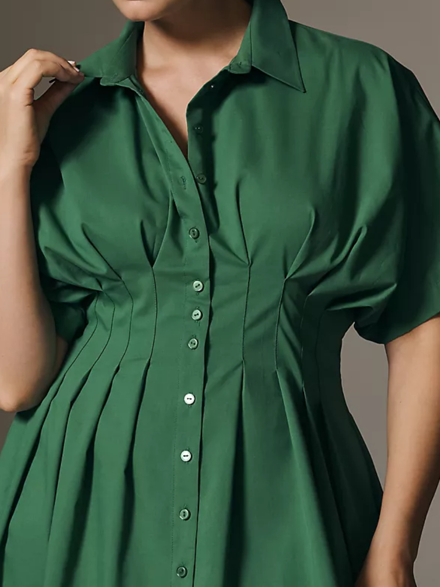 Women's Button-Down V-Neck Waist Shirt Dress