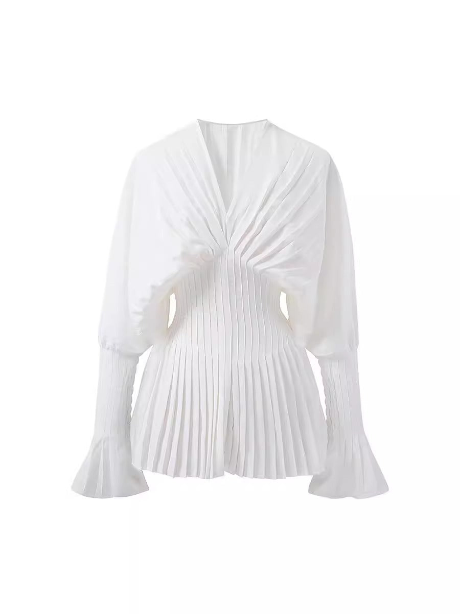 V Neck Horn Sleeve Pleated Mini Dress