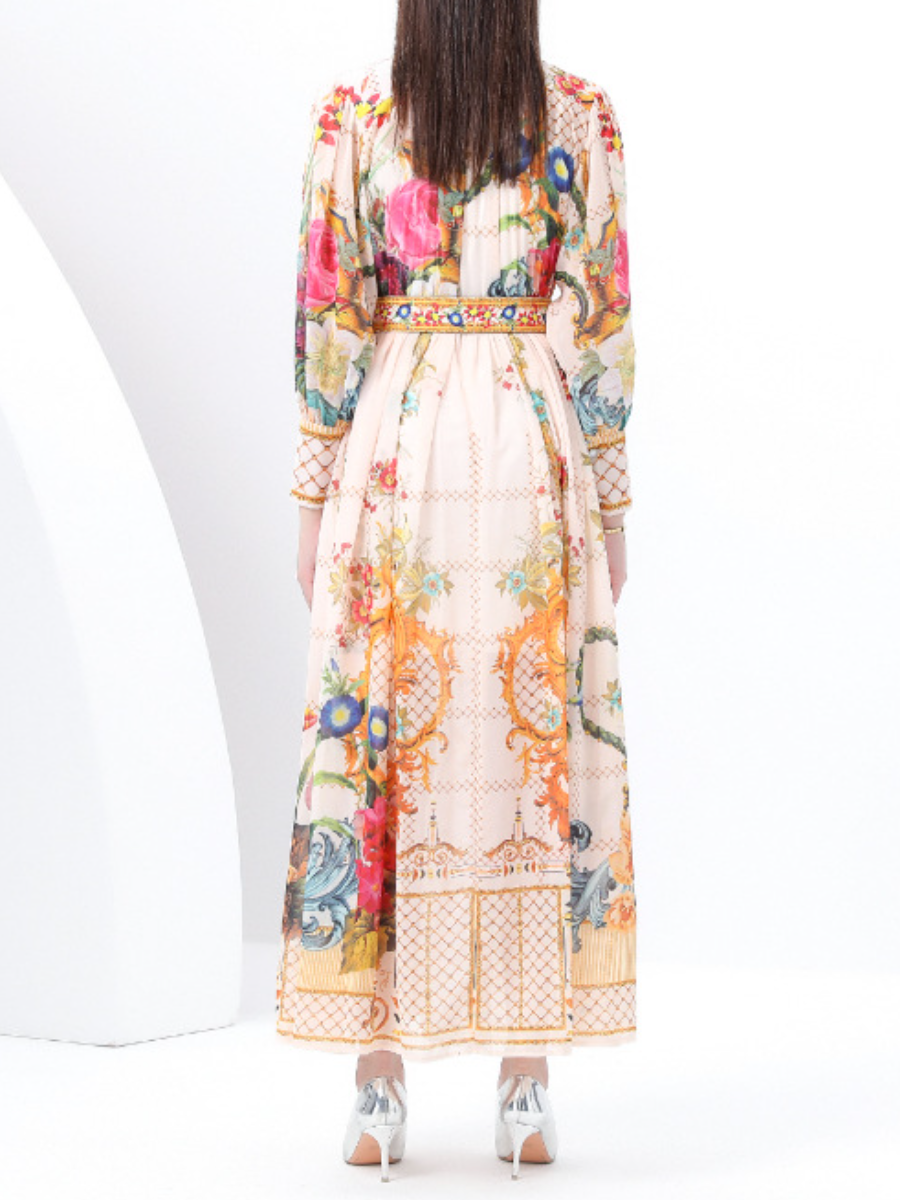 Printed Dress With Stand Collar And Lantern Sleeves