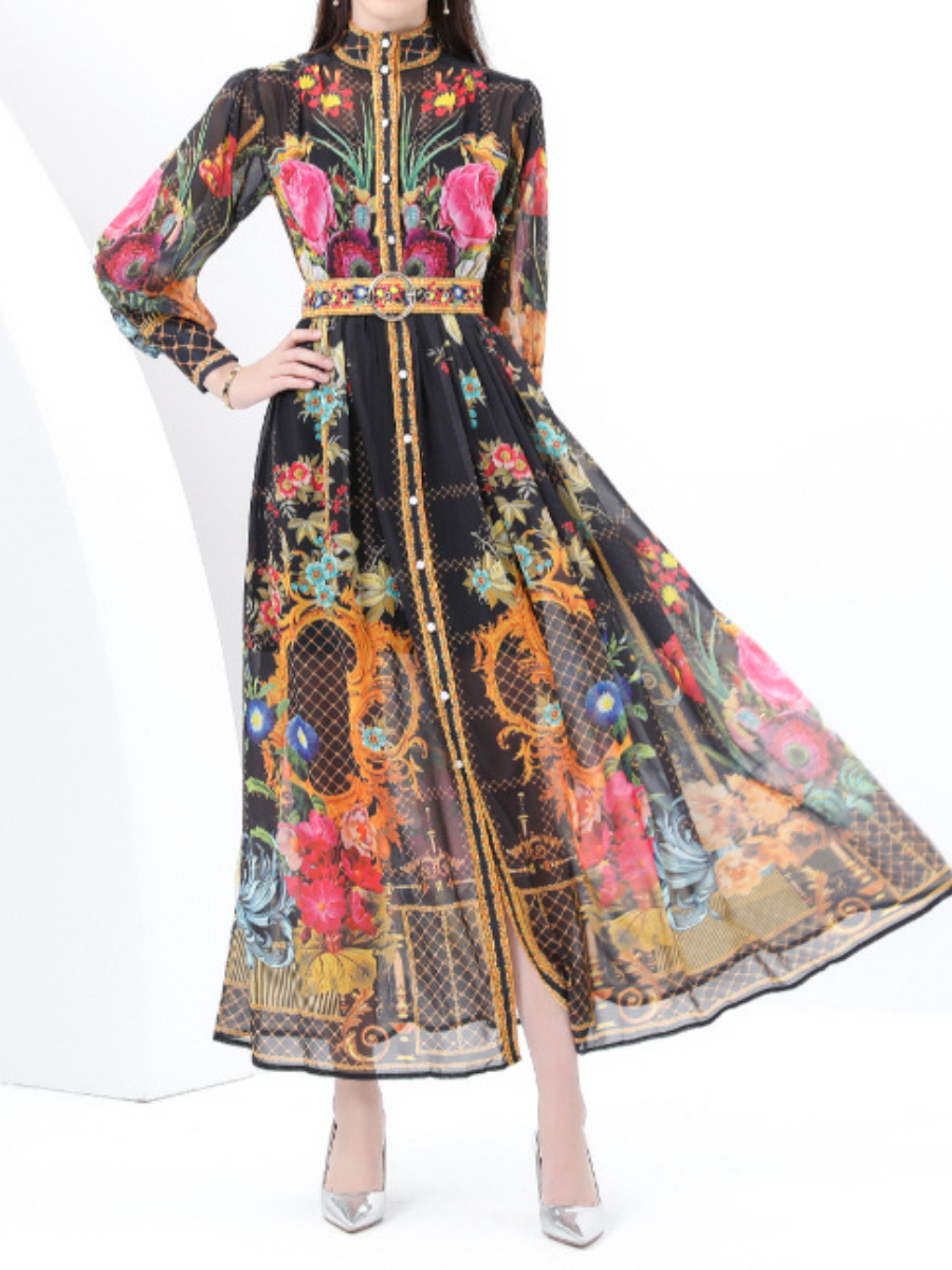 Printed Dress With Stand Collar And Lantern Sleeves