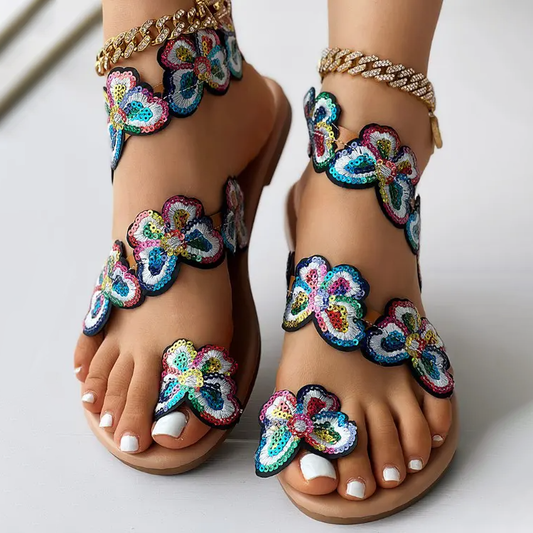 A5014 Flowers Butterfly Pattern Toe Ring Slingback Beach Sandals