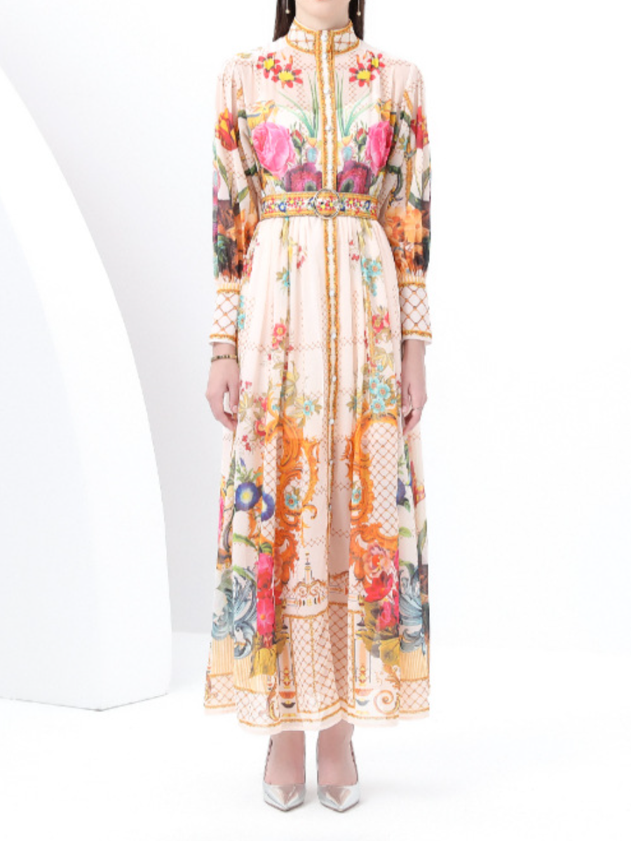 Printed Dress With Stand Collar And Lantern Sleeves