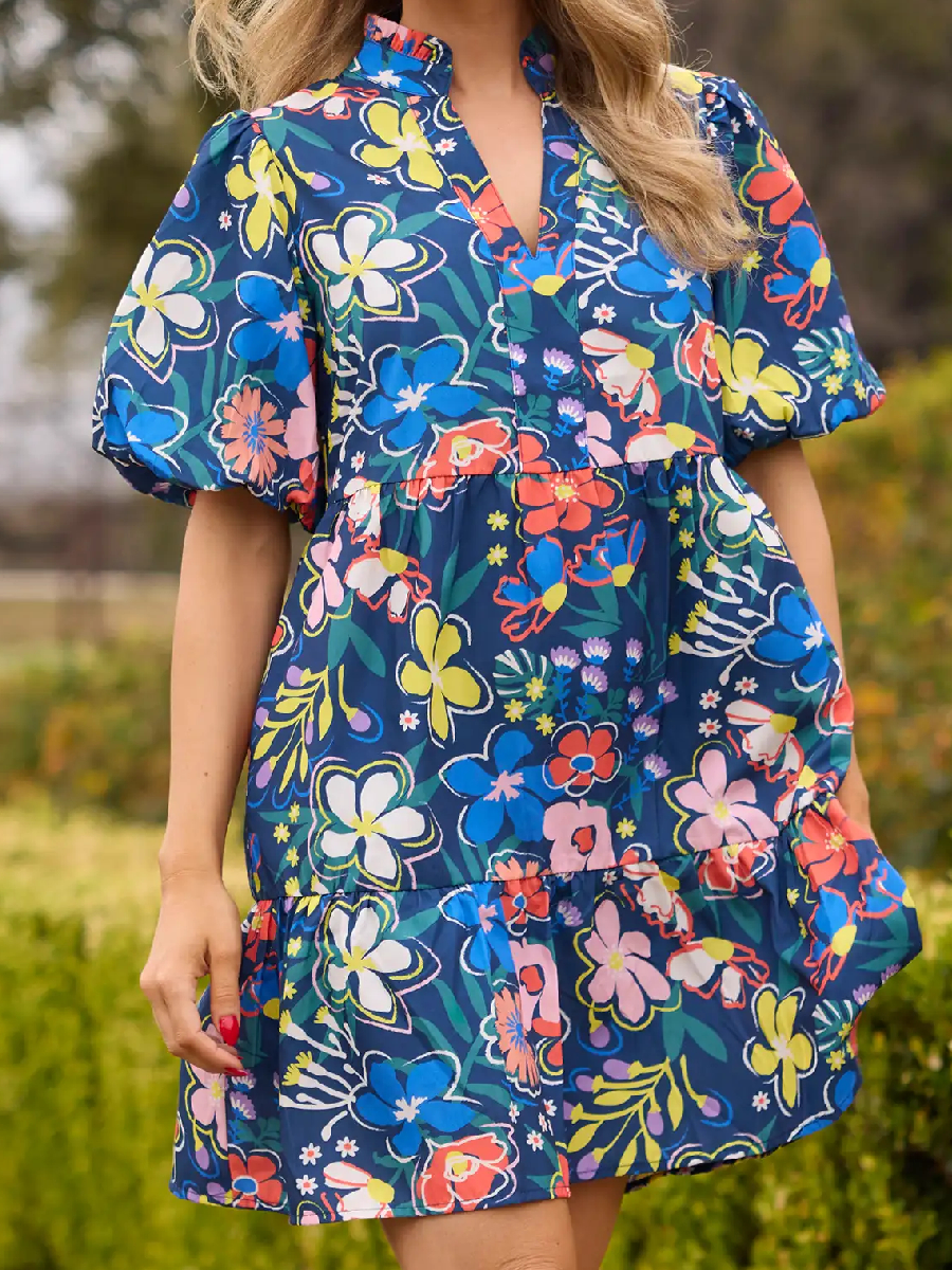 Floral V-neck puff sleeve dress