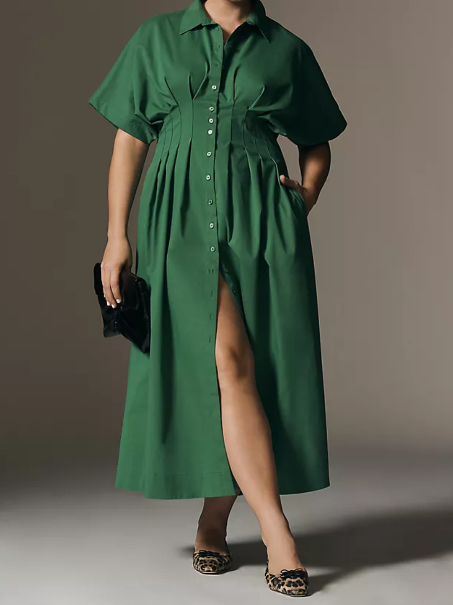 Women's Button-Down V-Neck Waist Shirt Dress