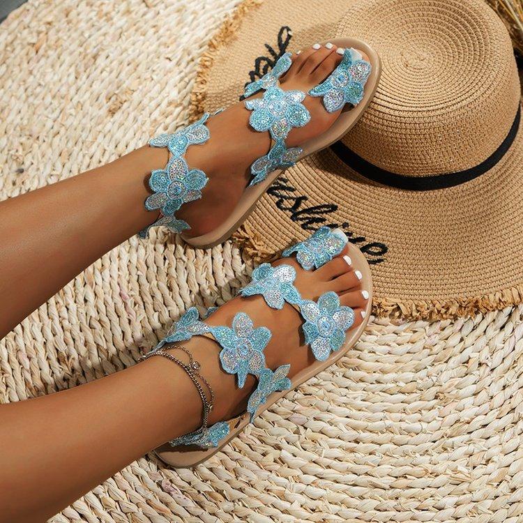 A5014 Flowers Butterfly Pattern Toe Ring Slingback Beach Sandals